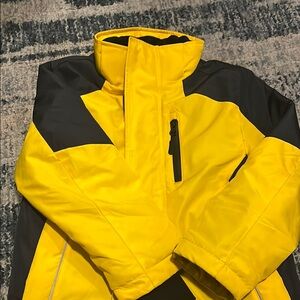 Yellow and Black Puffer Jacket with High Collar and Weather-Resistant Material